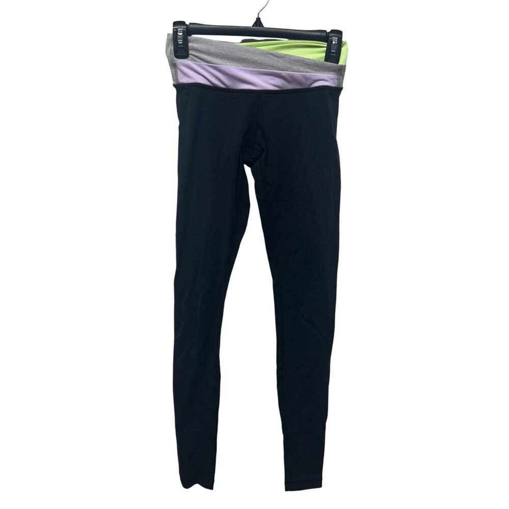 Lululemon Womens Black Leggings With Multicolor Waistband Stretch Activewear Yog
